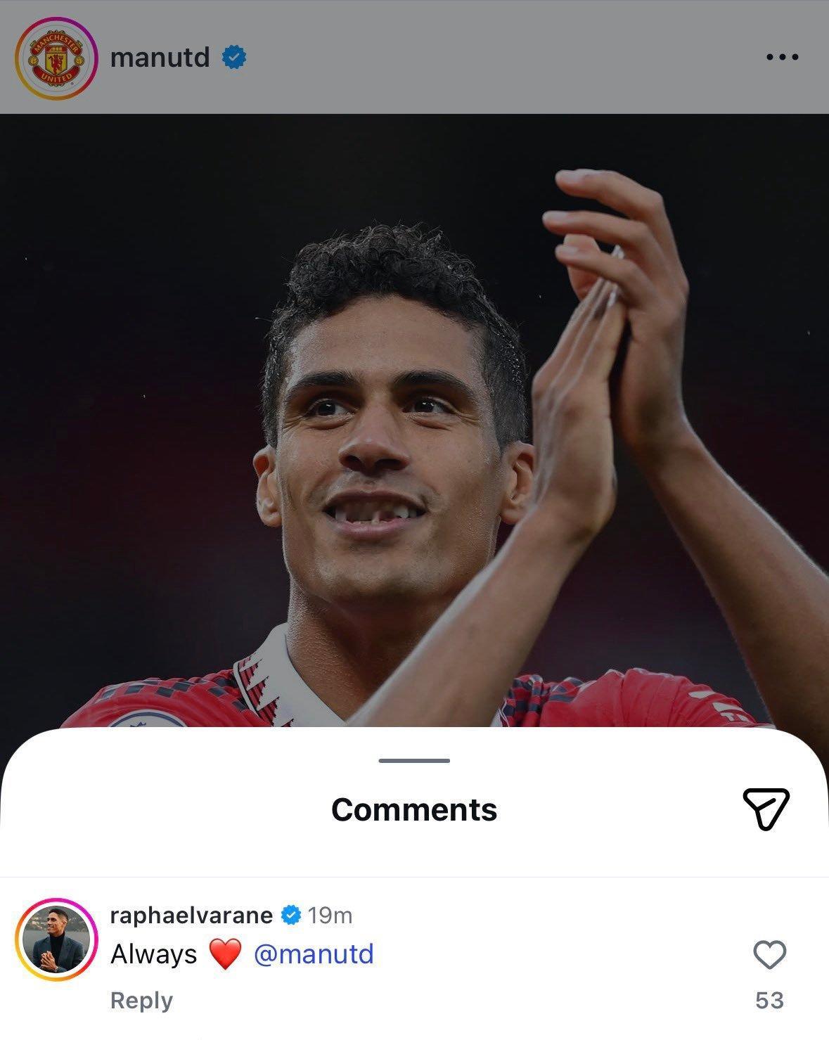 瓦拉内回复曼联官方Instagram的生日祝福：Always❤️ @ ManUt