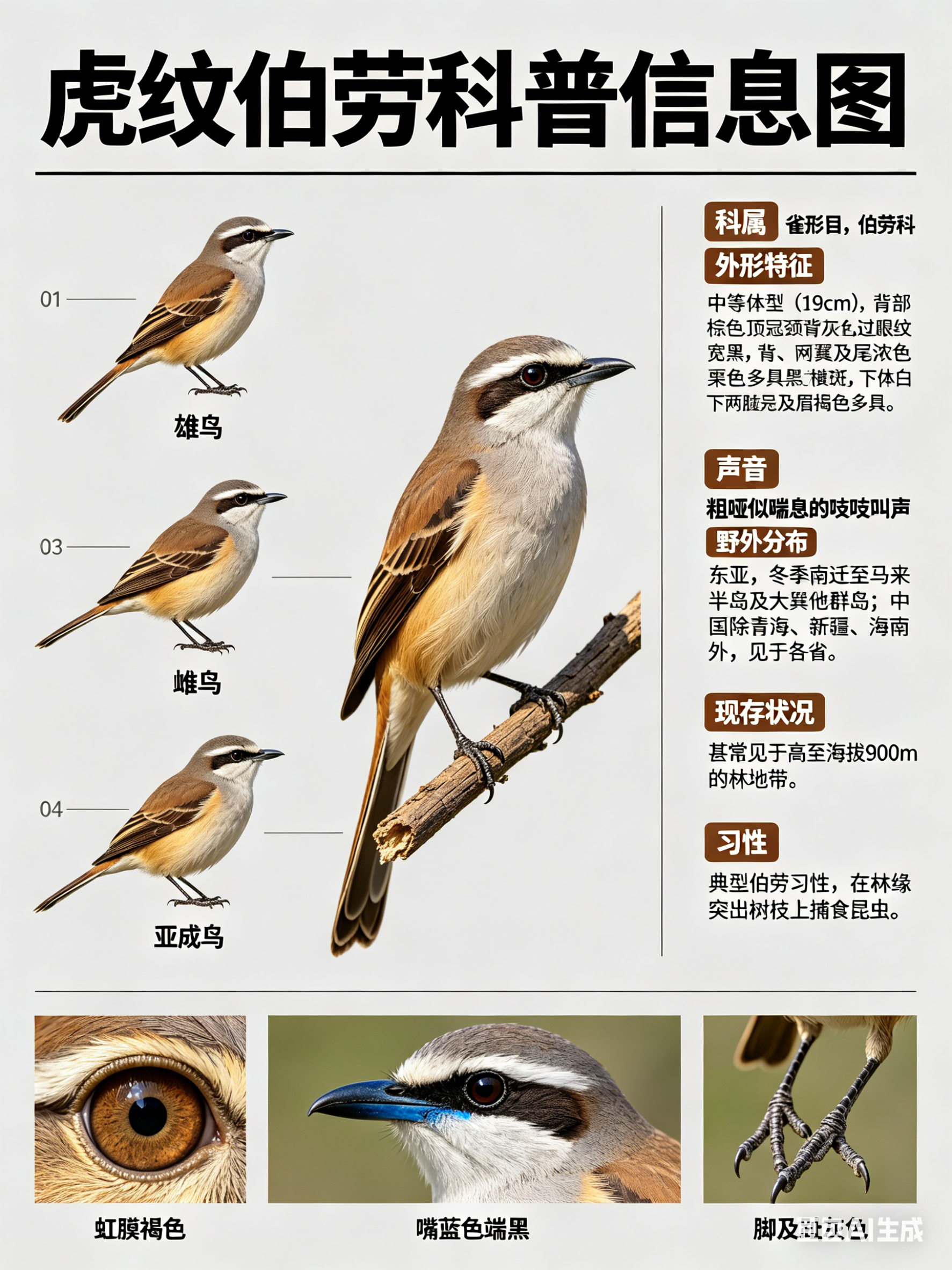 鸟类朋友图鉴 虎纹伯劳·科属：雀形目，伯劳科。·外形特征：中等体型（19cm）且
