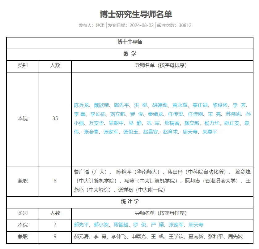 中山大学数学学院博士生导师名单公布