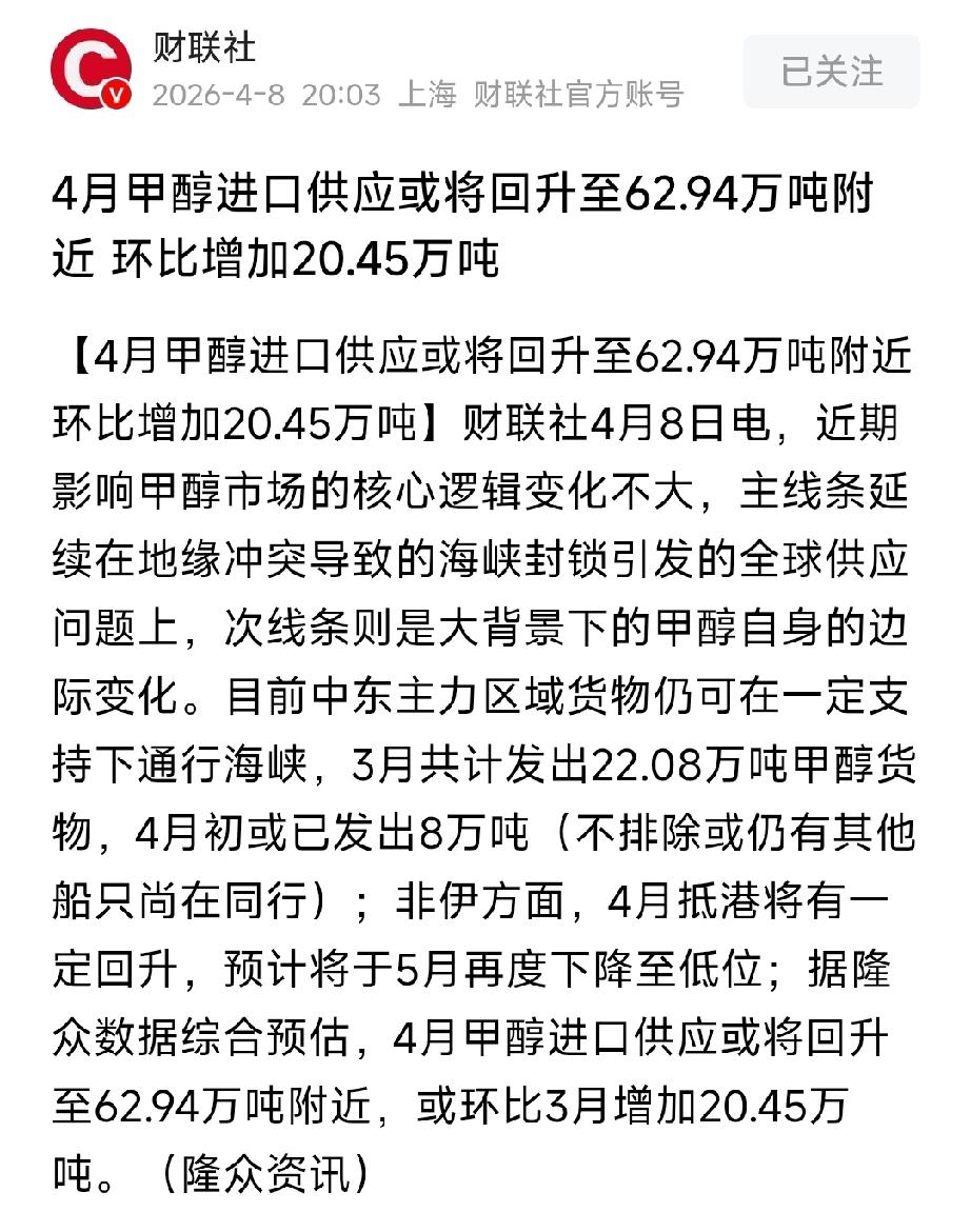 突发！4月甲醇进口短暂回升，地缘主线不改，国产替代风口再爆发
 
4月甲醇进口预