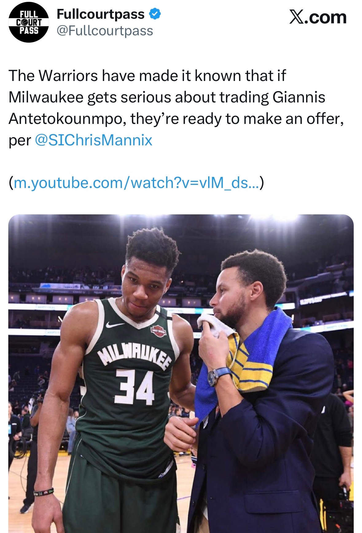 记者Chris Mannix表示：勇士队已明确表态，如果雄鹿队认真考虑交易字母哥