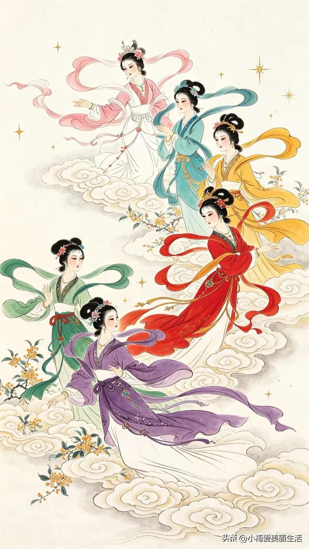 一群仙女在云端飞舞，好美！