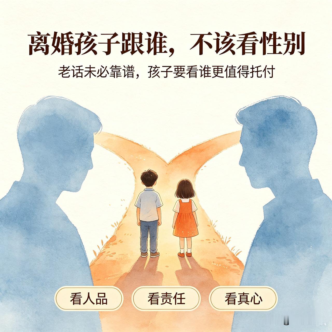 夫妻离婚后，男孩跟爸、女孩跟妈？老话未必靠谱！
 
夫妻离婚，钱财都是身外之物，
