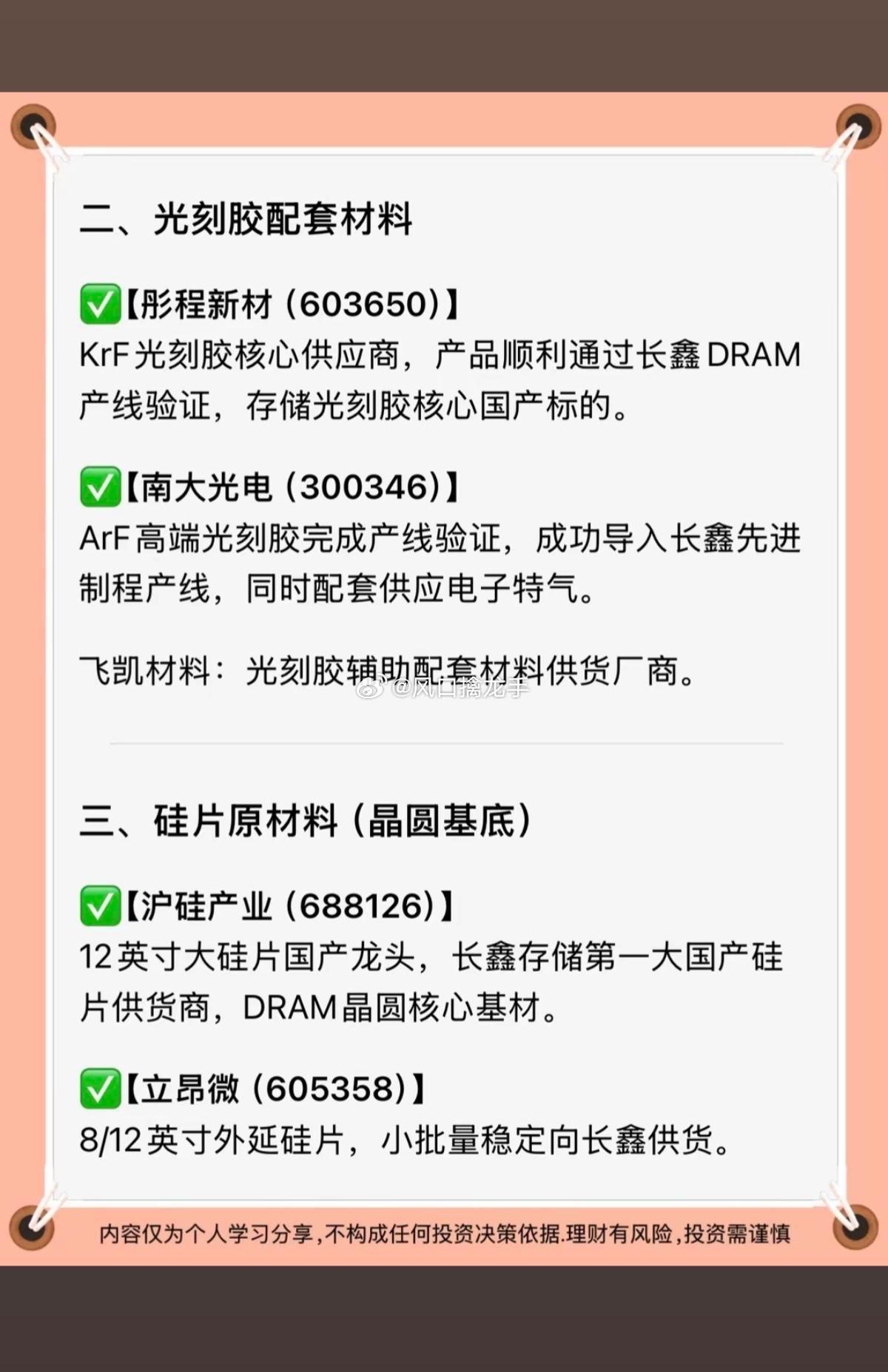 长鑫存储上游材料全产业链梳理（六大细分+核心标的）整体逻辑：长鑫DRAM+DDR