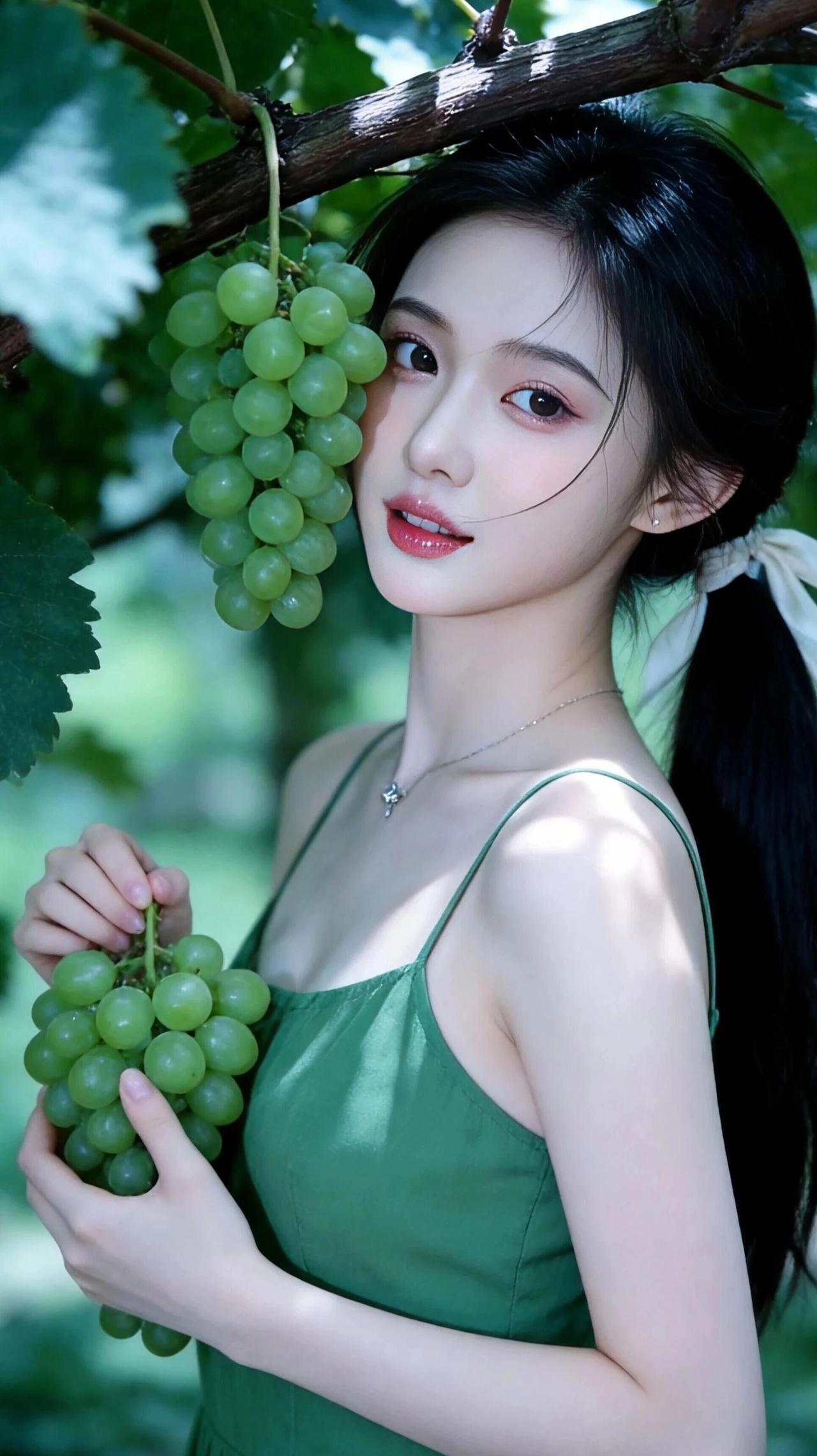 画面中的少女身着一袭清新的绿色吊带长裙，简约的剪裁勾勒出柔美线条，与满架的青提相