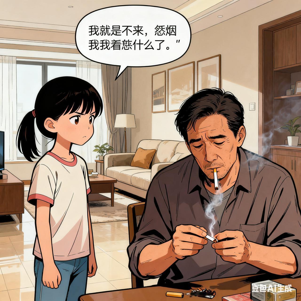 女儿买了新房，请老父亲来家做客，父亲刚点上烟，女儿就说了句："爸，别抽了，对孩子