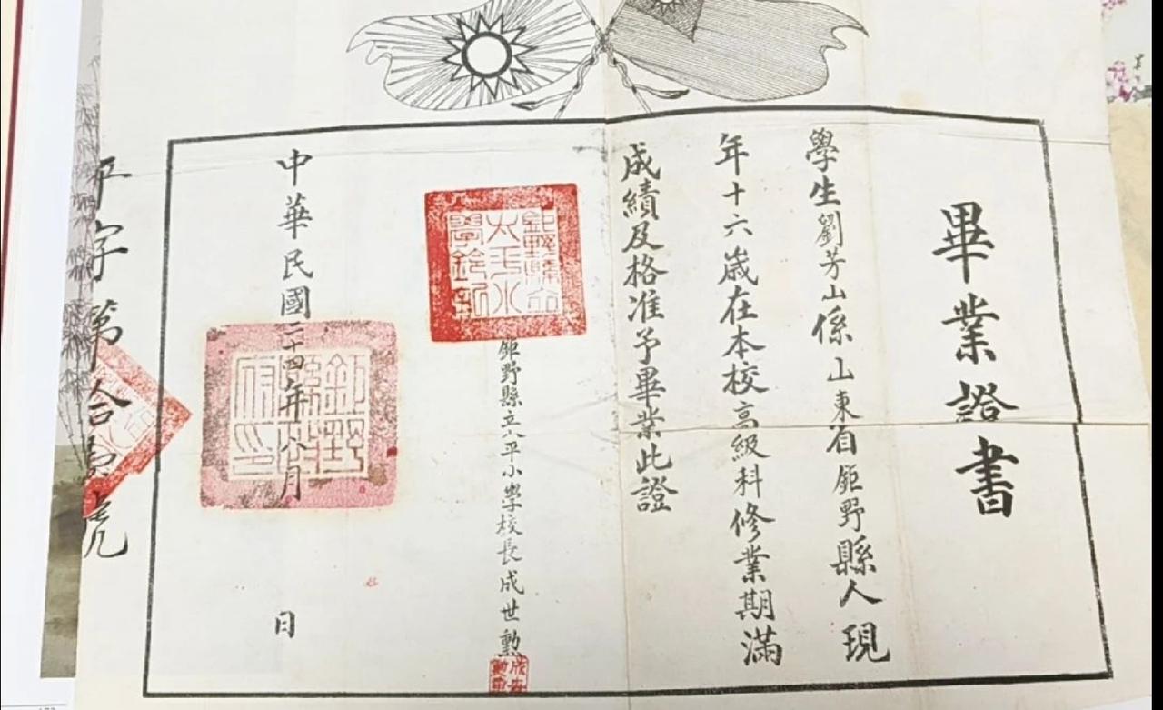 民国二十四年(1935年)巨野县太平小学毕业证书