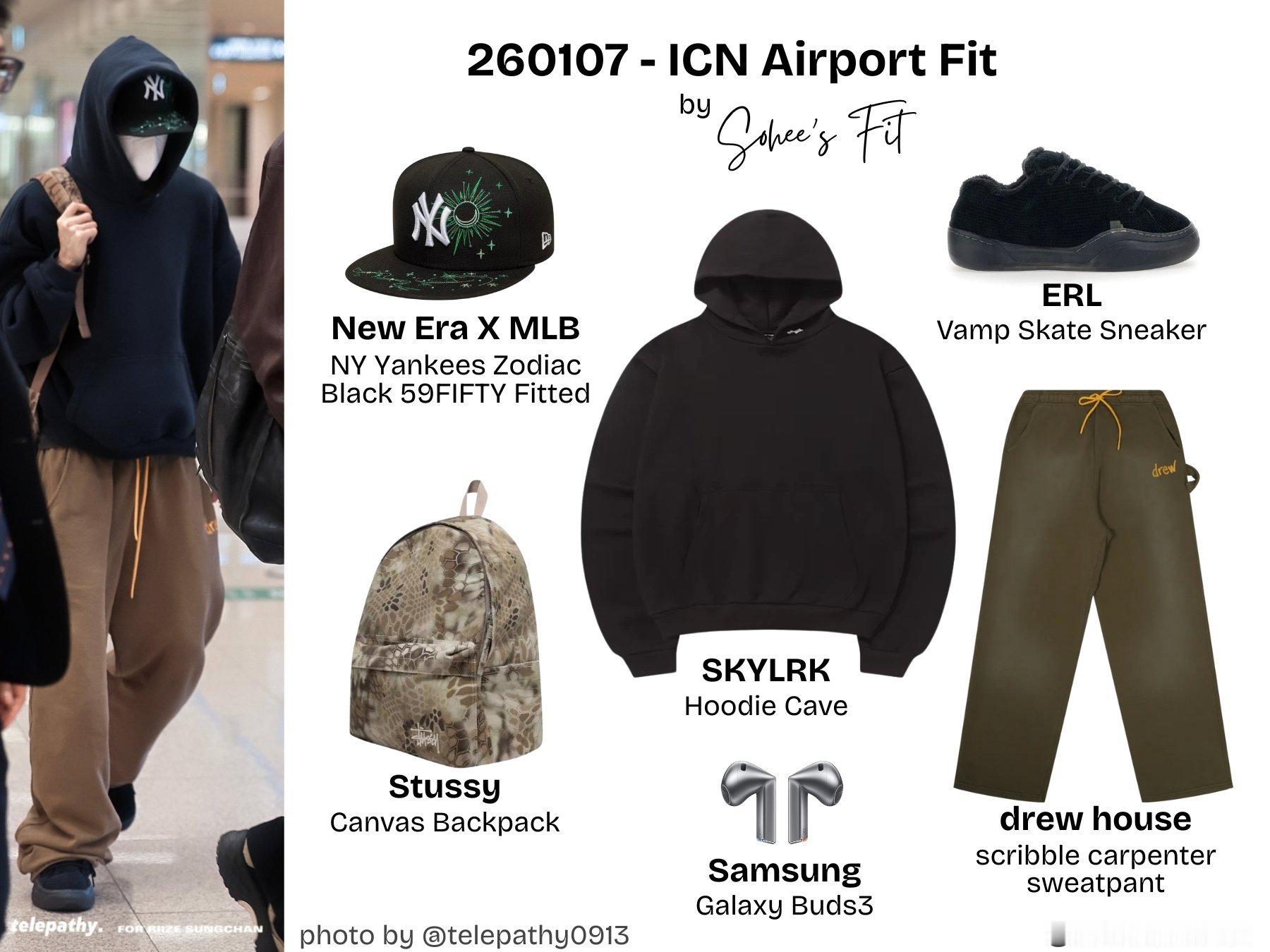 今天机场戴了昨晚物料里的同款帽🧢以及熟悉的黑色SKYLRK连帽卫衣🕶️©️s