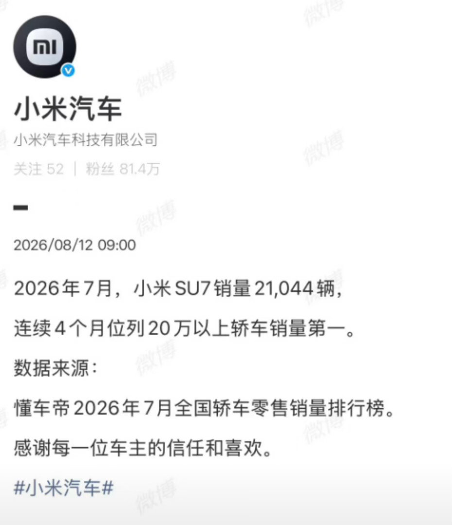 小米SU7七月销量21044辆小米SU7七月销量定格在21044辆，持续稳定在月