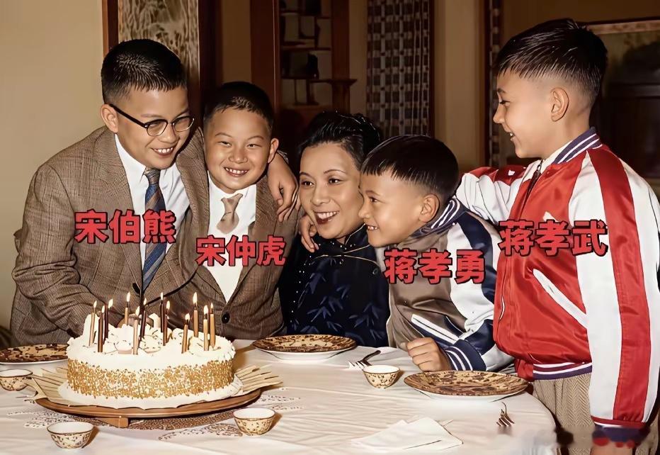 50年代，在台北市士林官邸宋美龄带着次孙蒋孝武、小孙子蒋孝勇，小侄子宋仲虎，为大