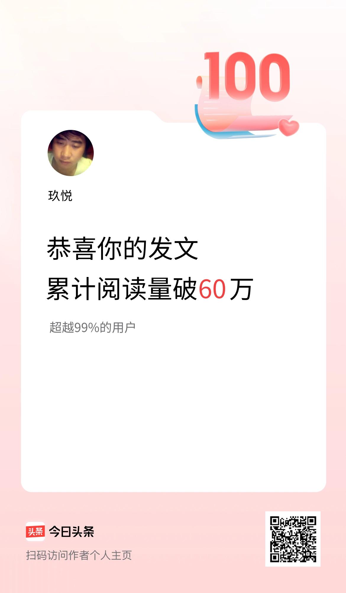🤝我在头条累计获得阅读量破60万啦！