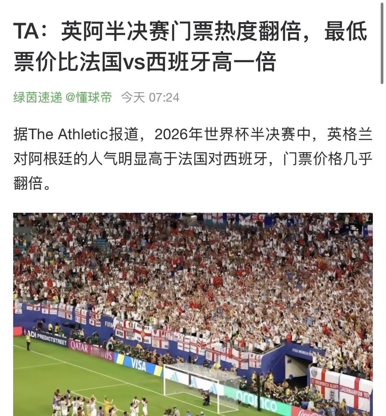 梅西加持，阿根廷对英格兰门票是法、西的两倍。
所以说，国际足联适当的保护像梅西一