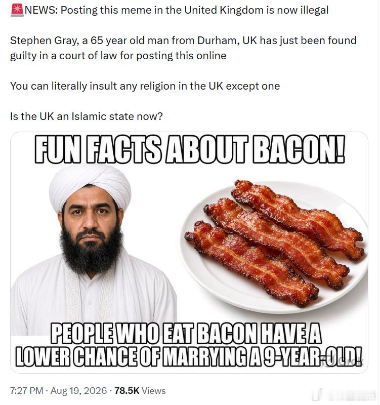 现在，在英国发这张梗图都可能违法了。英国达勒姆一名65岁的男子斯蒂芬·格雷，就因