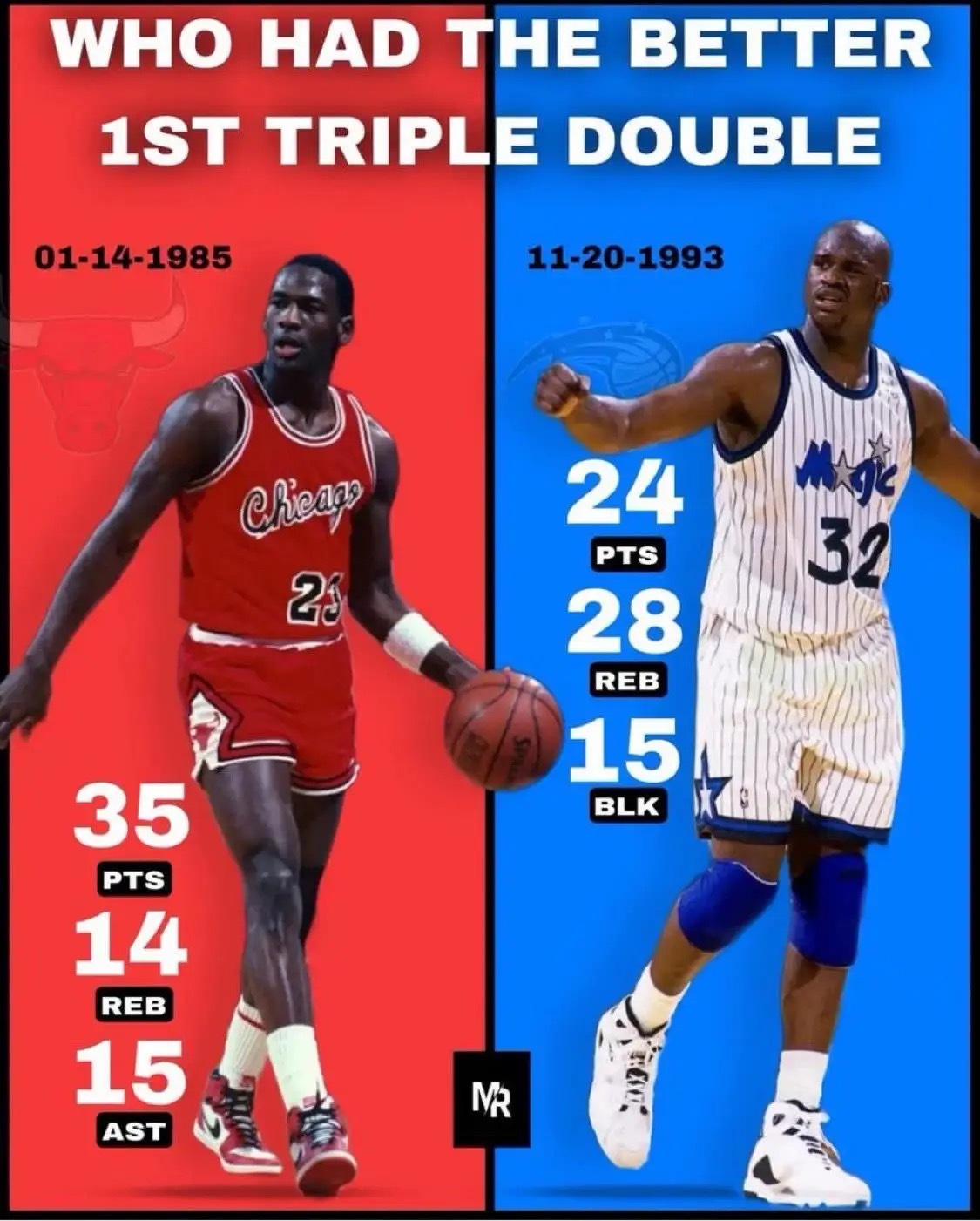 Hoops晒图并提问：“迈克尔-乔丹和沙奎尔-奥尼尔，谁第一次的三双表现更出色？