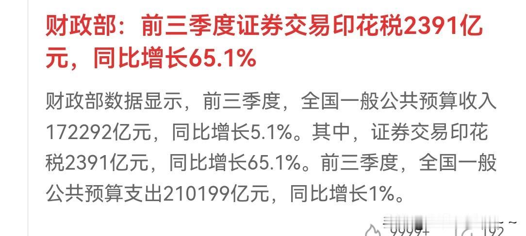 …也好！也好！就算股民为国家做贡献了，前三季度证券交易印花税出来了——2391亿