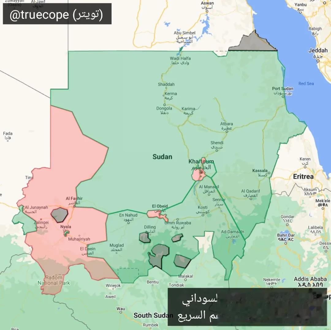 以下是截至5月25日晚的苏丹最新局势图，目前叛军苏丹快速支援部队仍占据首都喀土穆