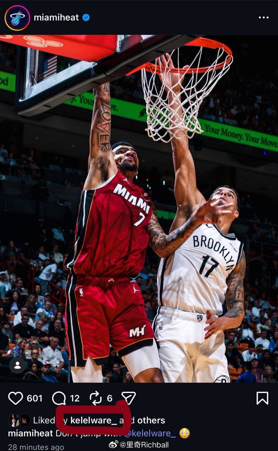 维尔本场16分11篮板5抢断7盖帽热火第一个打出这种数据的球员，这两场抢断爆炸了