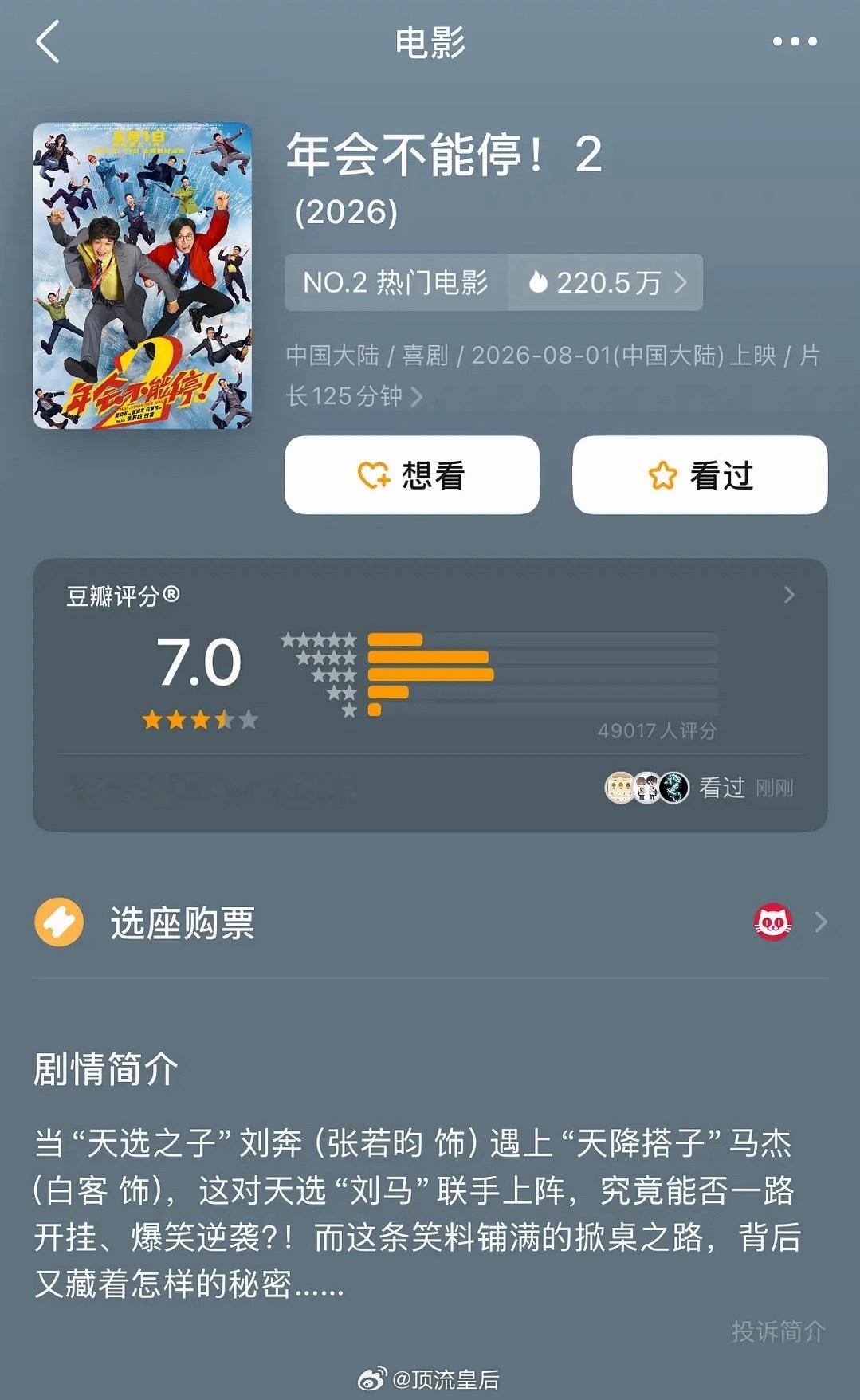 年会不能停2豆瓣开分7.0，看过的小伙伴觉得这部电影能打几分？