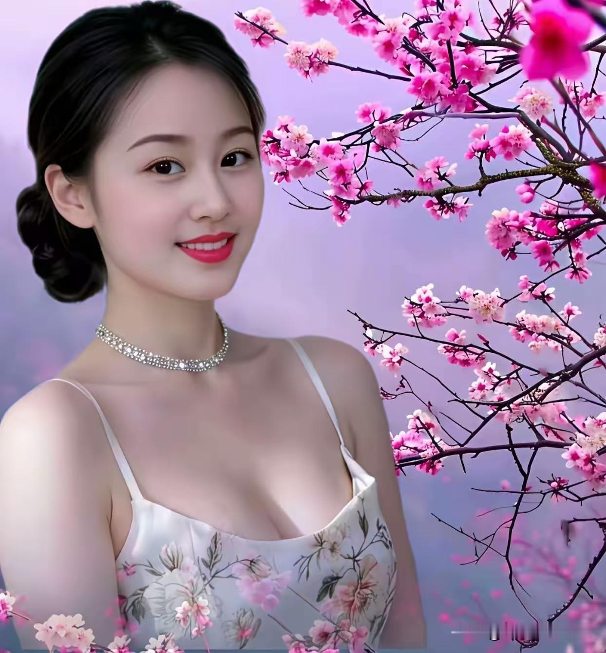 阮郎归·桃下芳姿
 
桃花轻落染春烟，风摇影自妍。
云鬟低挽衬银链，嫣然一笑甜。