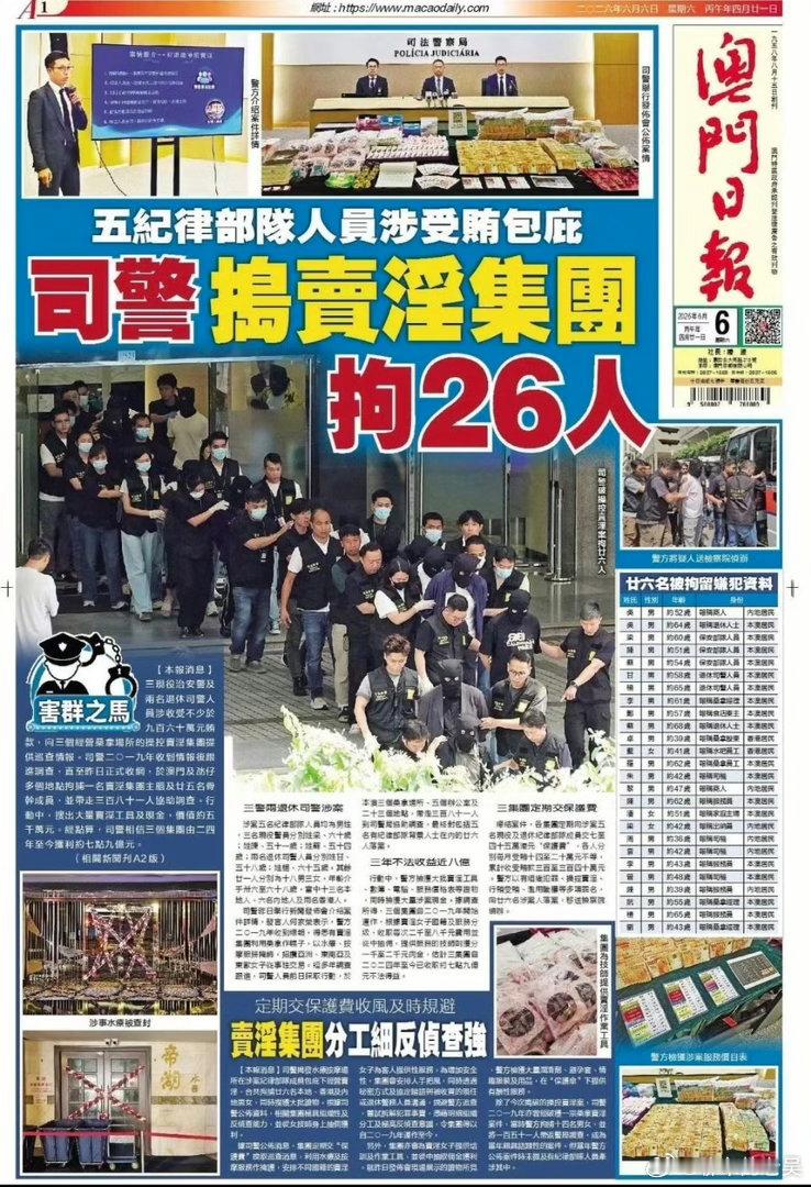 澳门特大卖淫案细节曝光 澳门警方捣毁卖淫集团，竟有5名警员涉案收百万“保护费”通