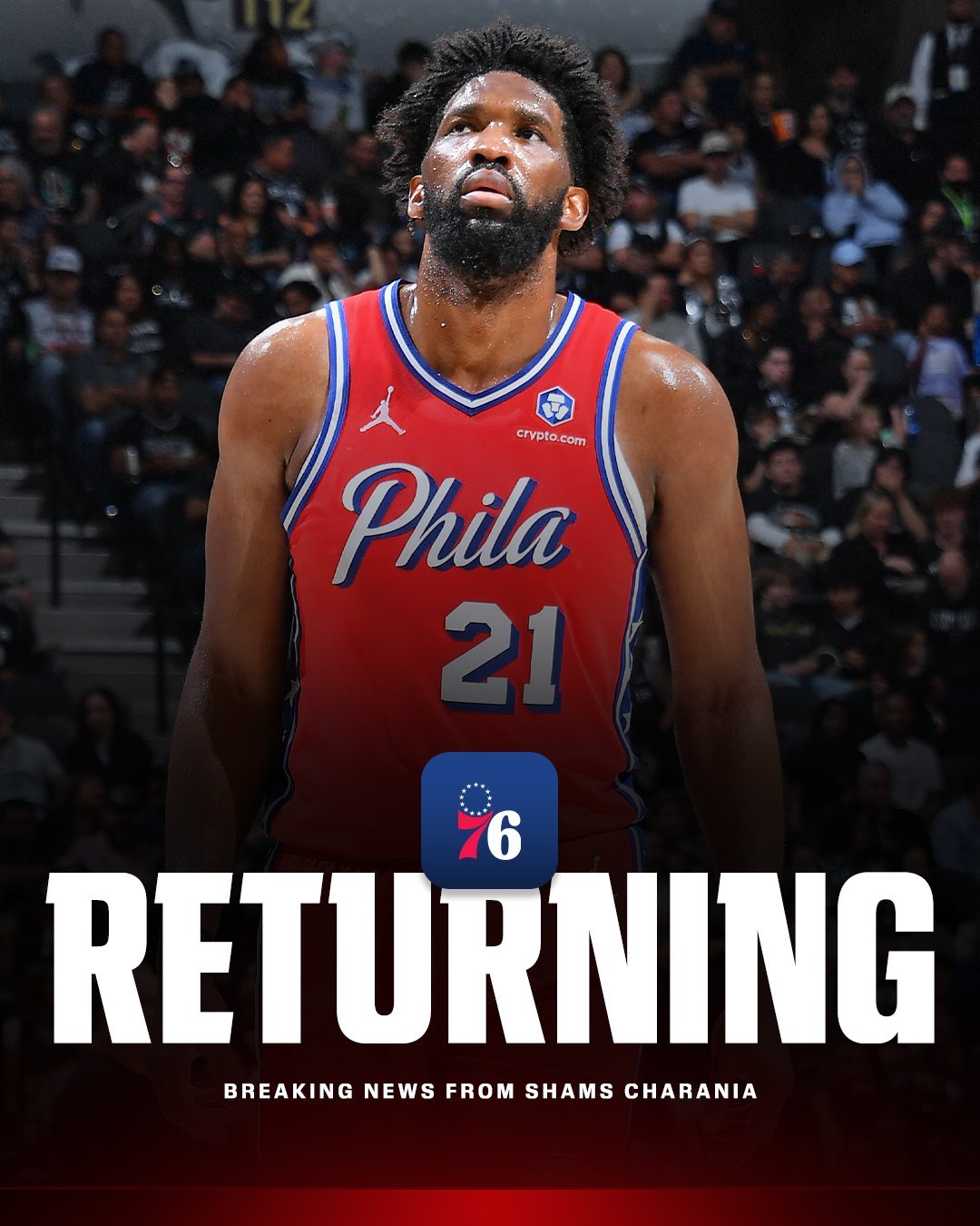 Shams：恩比德将复出出战今日G4，他之前遭遇了阑尾炎。凯尔特人vs76人