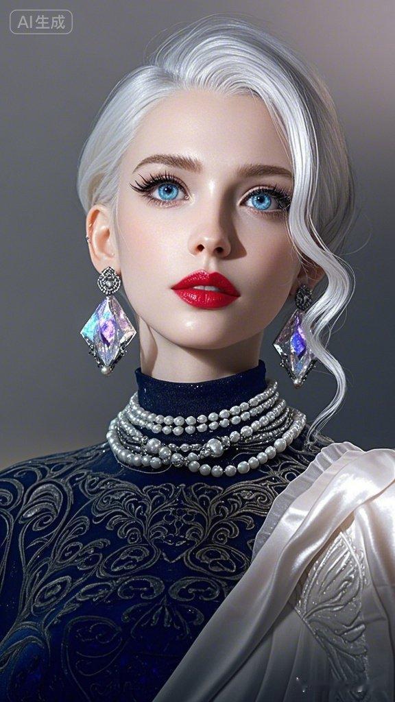 银发欧美佳丽立纯灰幕前，月光石通透肌，毛呢衫泛珍珠虹彩，钛金裙袖卷草纹，红唇镜面