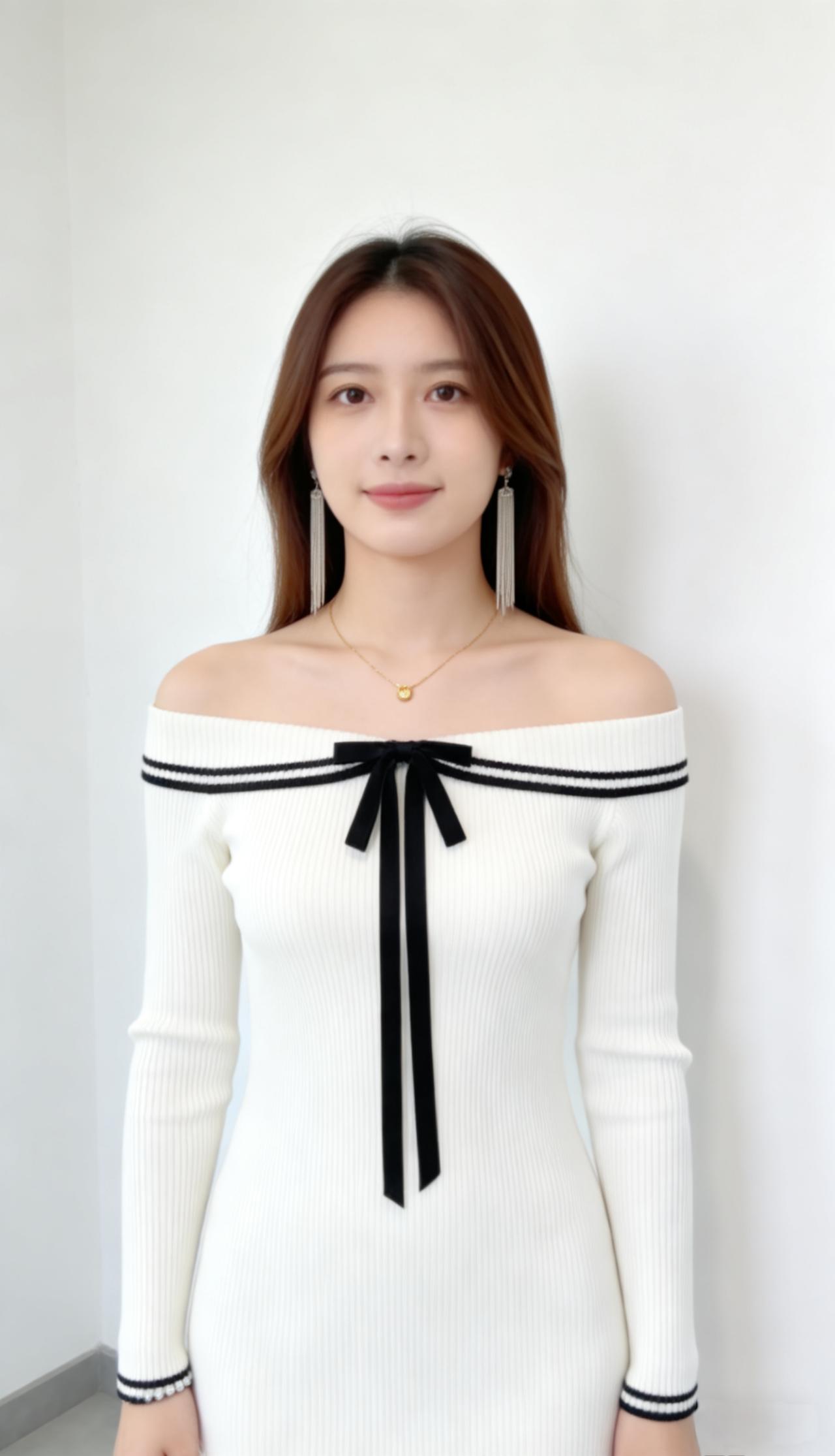 米白色缎面蝴蝶结衬衫，领口系着温柔的飘带，袖口是优雅的喇叭褶皱设计，面料垂坠感十