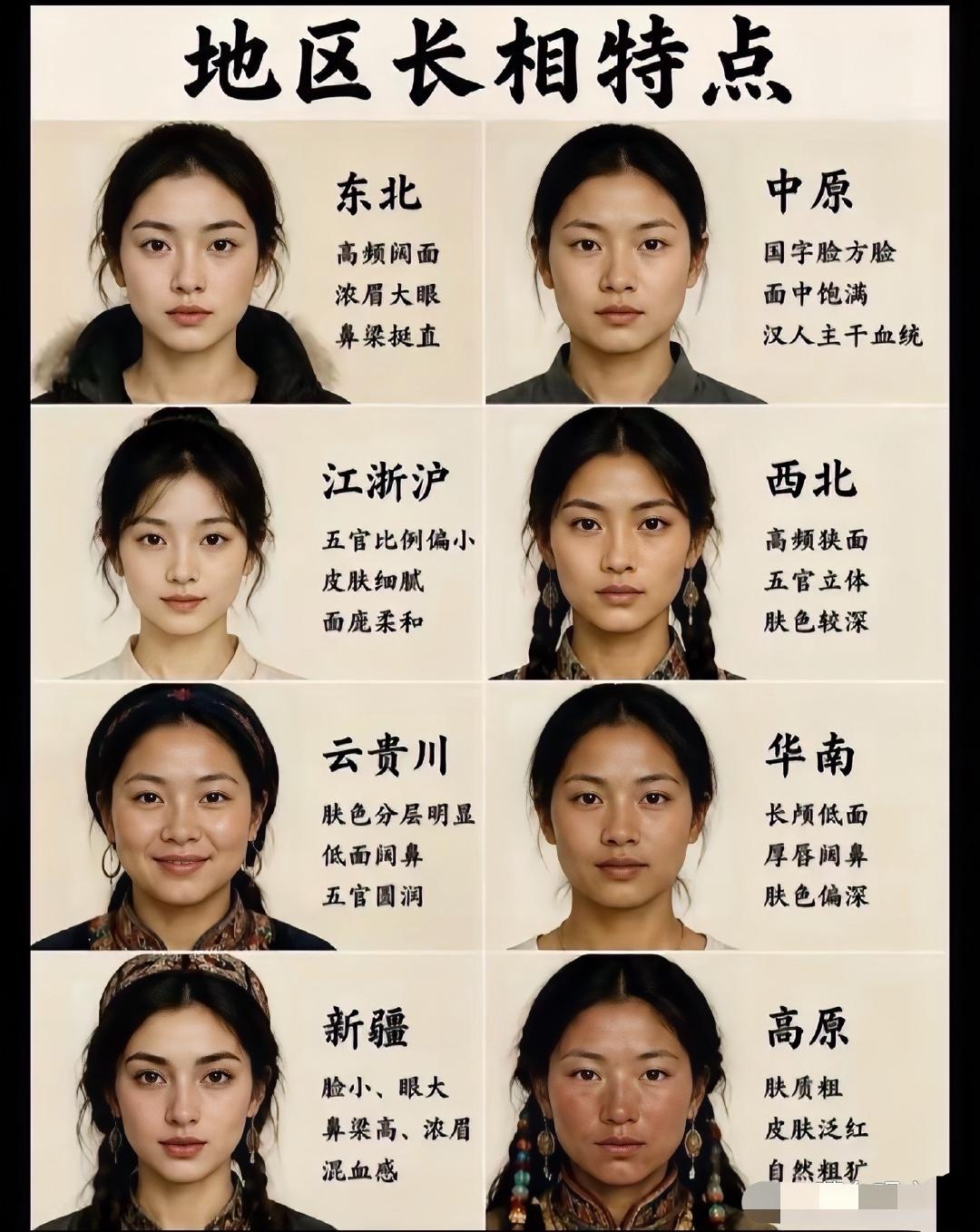 图中展示的是中国各地区的女性容貌特征。
在我看来，新疆和东北女性相貌出众，且热情