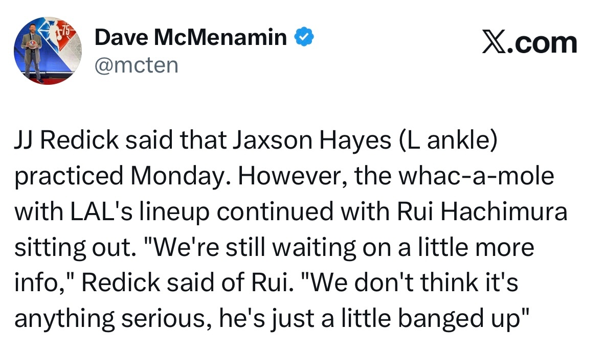 雷迪克透露，海斯（左脚踝伤势）已于周一恢复训练。不过湖人队的阵容调整依旧像“打地