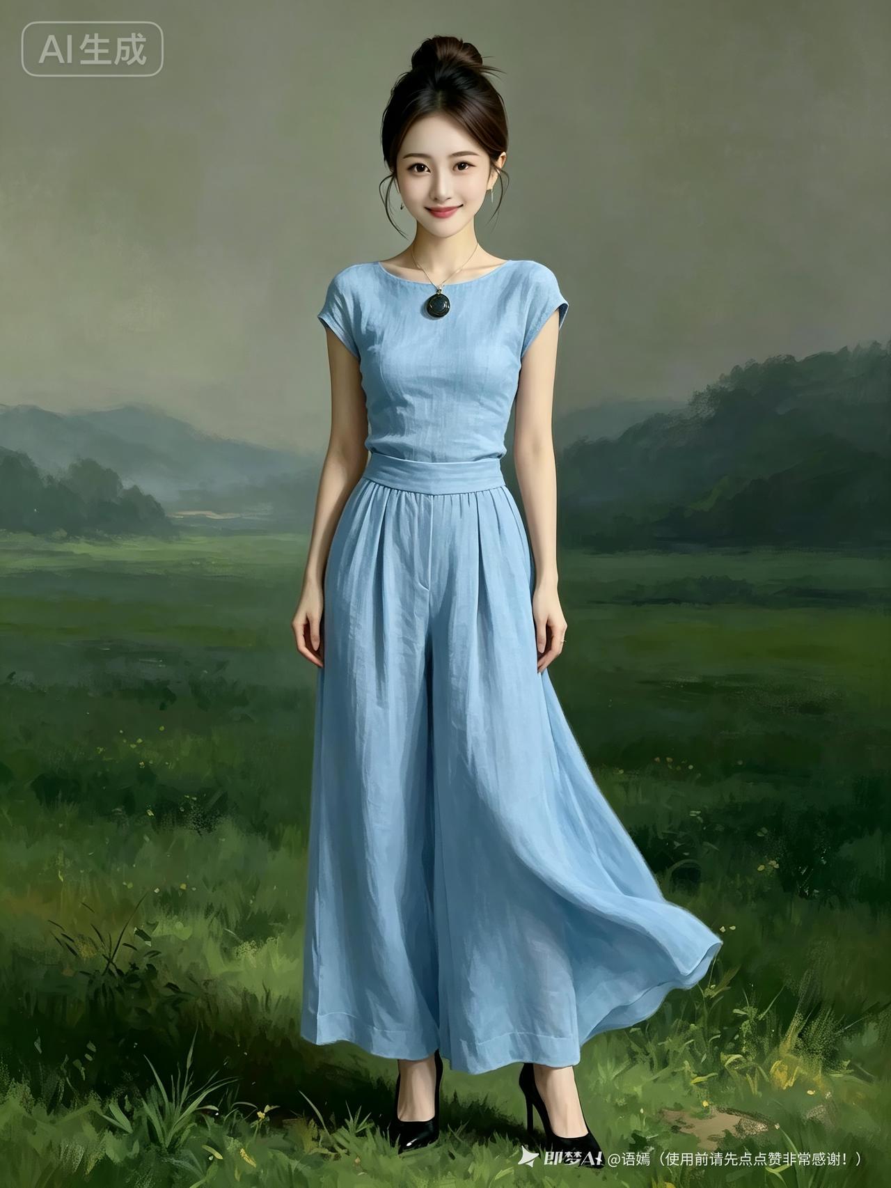 气质温婉的东方女子拥有曼妙沙漏曲线，米白亚麻套装随风飘逸，配饰简约雅致，置身朦胧