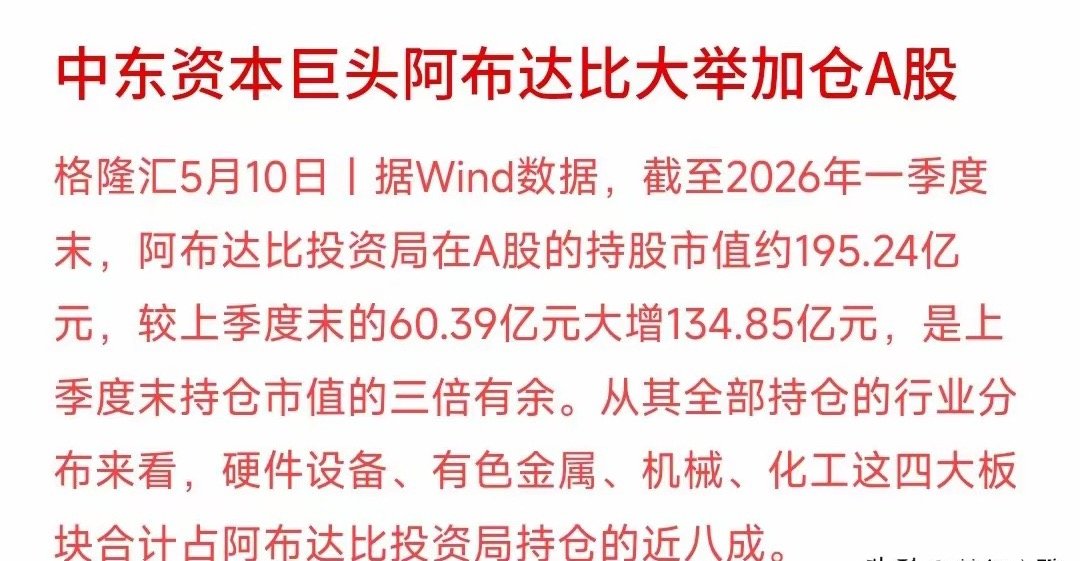 A股迎来重磅利好，大户持续加仓A股最新数据显示，中东资本持续加仓A股，持仓市值6
