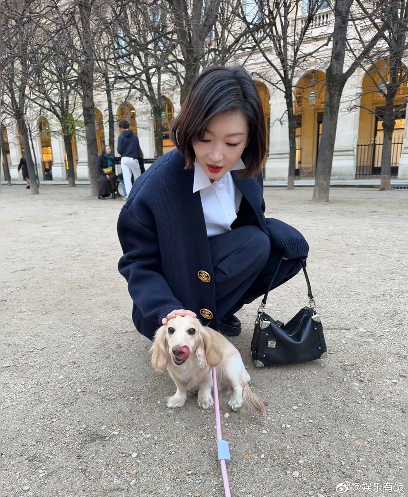 周冬雨在时装周偶遇小狗 周冬雨在巴黎街拍偶遇小狗就忍不住逗了起来！果然没有一个人