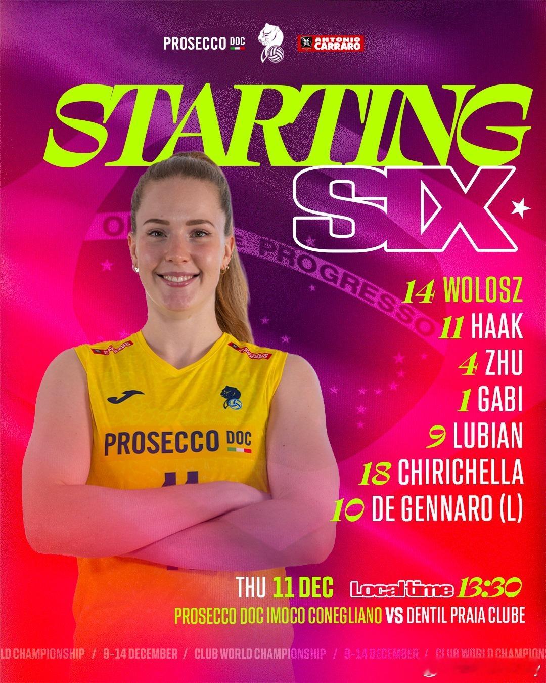 科内利亚诺全主力首发。朱婷，加油⛽。朱婷女排世俱杯朱婷第七次出战女排世俱杯