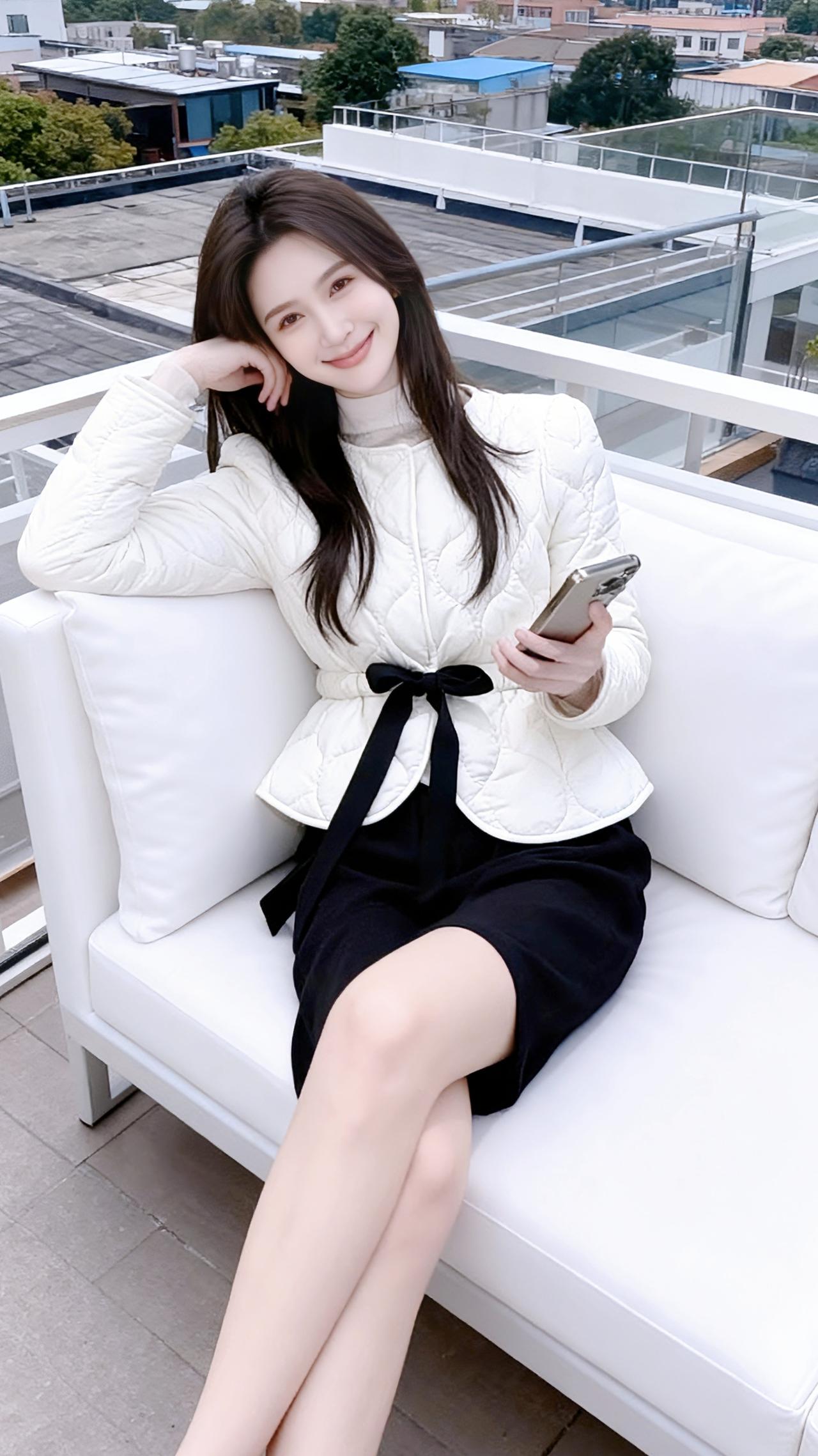 冬日的露台裹着软雪，她倚在玻璃栏边，米白菱格薄袄的黑缎带垂在风里，像枝桠间漏下的