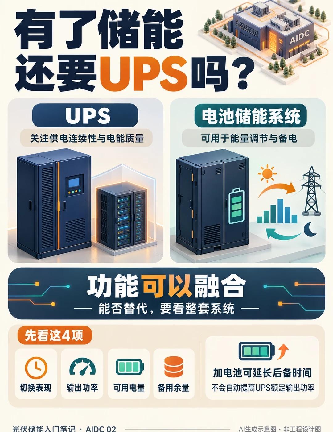 AIDC配储能，就能替代UPS吗？
AIDC配了电池储能，是不是就能省掉UPS？