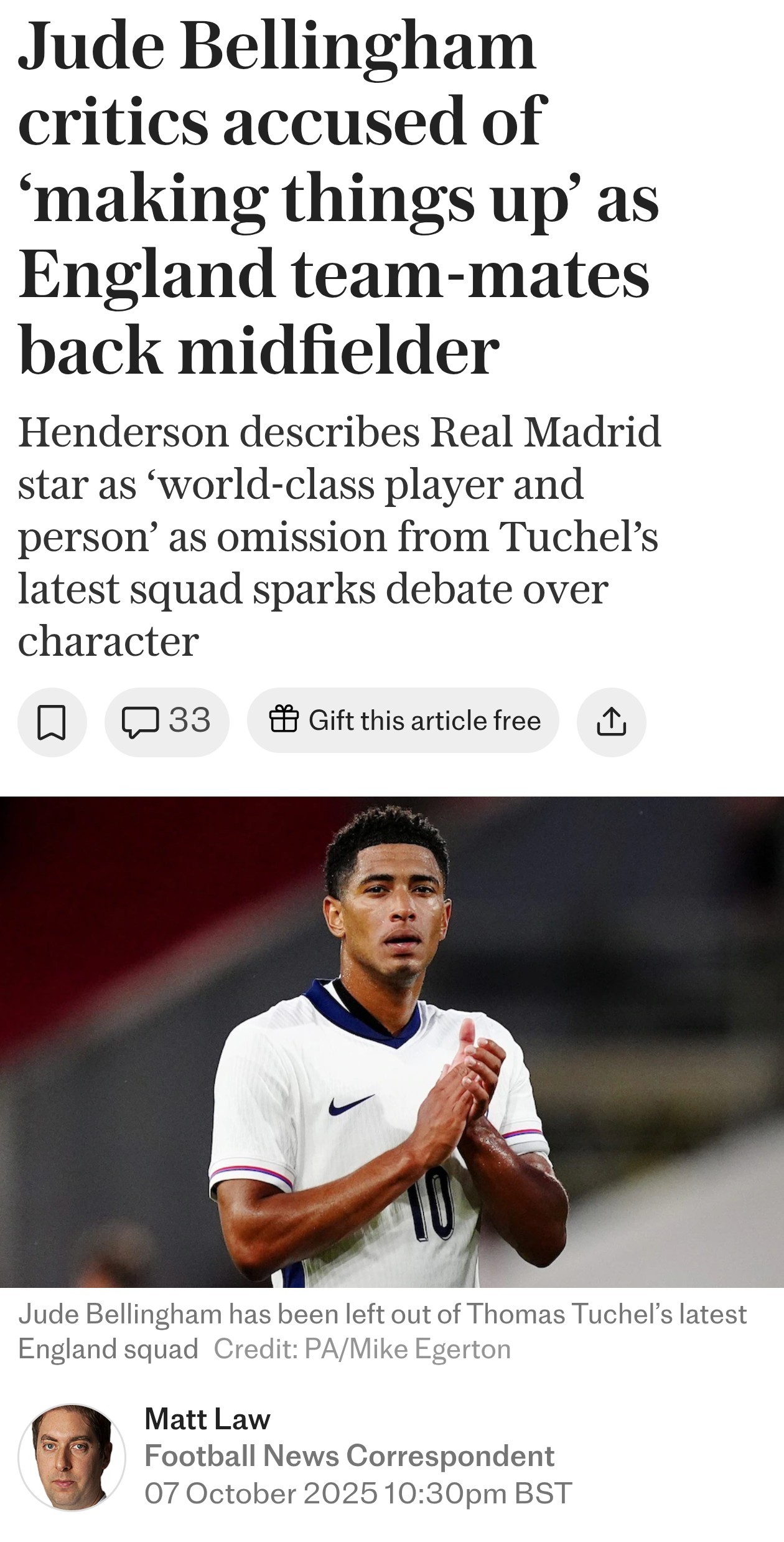 电讯报：裘德·贝林厄姆的批评者被指“在捏造事实”，英格兰队友们纷纷支持这位中场球