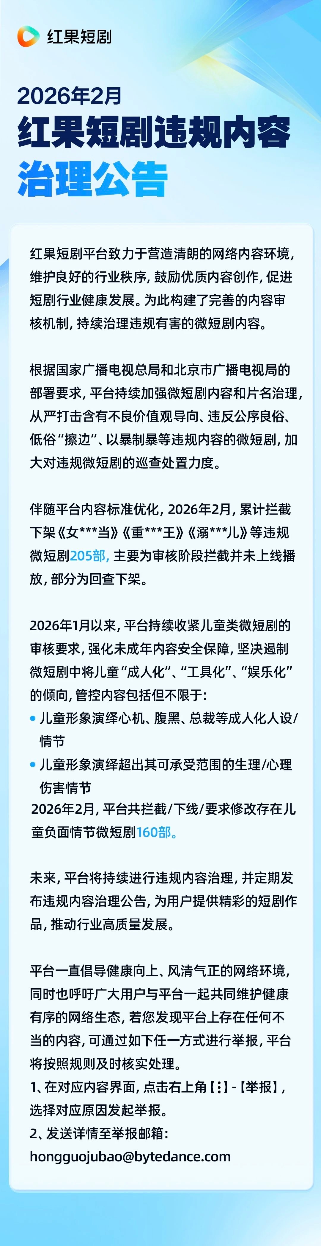 【#红果下架205部涉儿童违规微短剧# 】3月10日，红果微信公号发布违规内容治