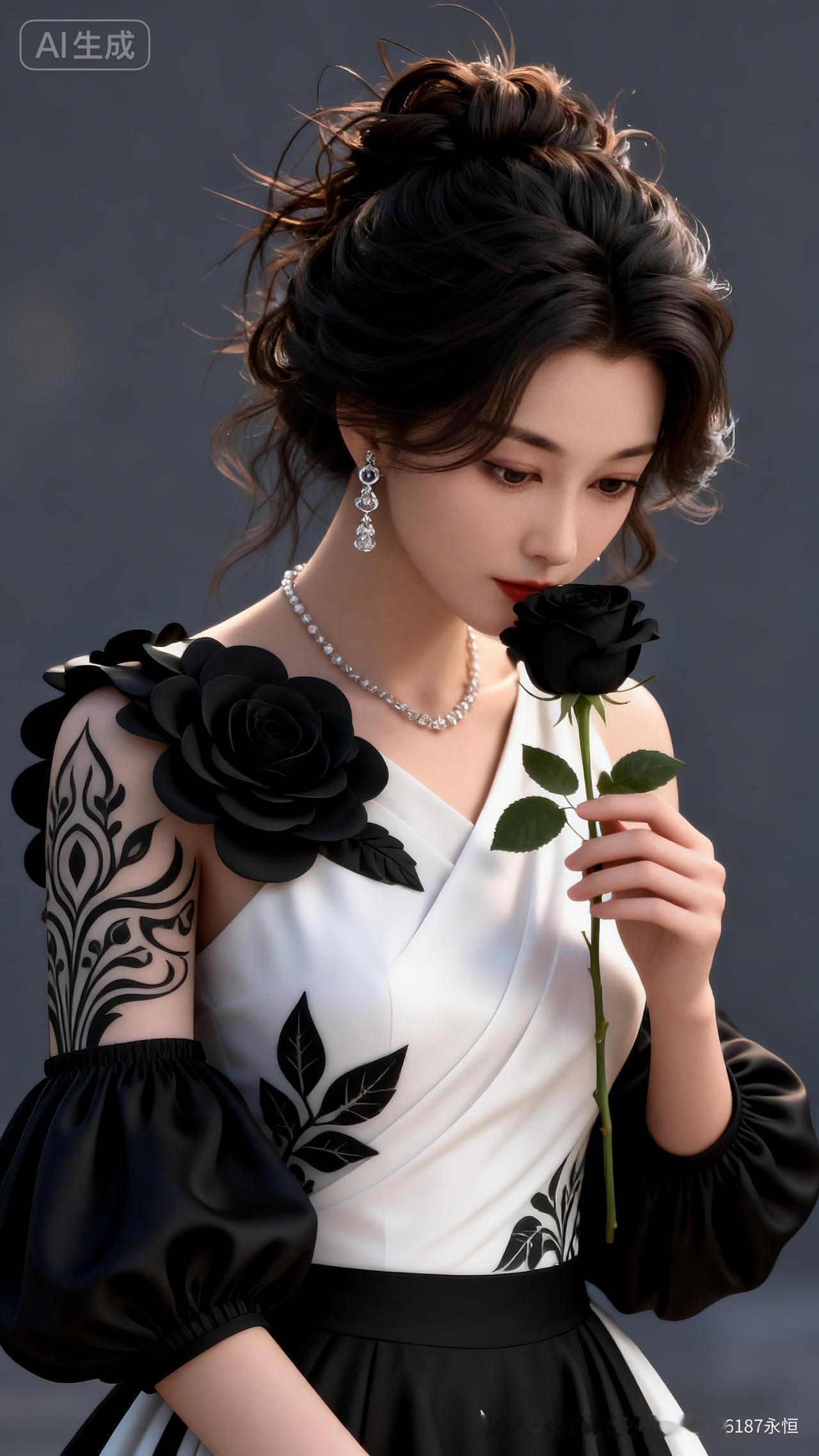 少女棕黑波浪发随性盘起，眉眼灵动肤若凝脂。身着黑白斜肩礼服，花饰精巧、灯笼袖雅致