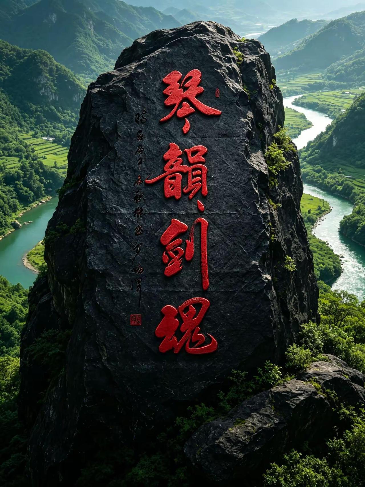 维安原创书法作品。AI红浮雕书法巨石图