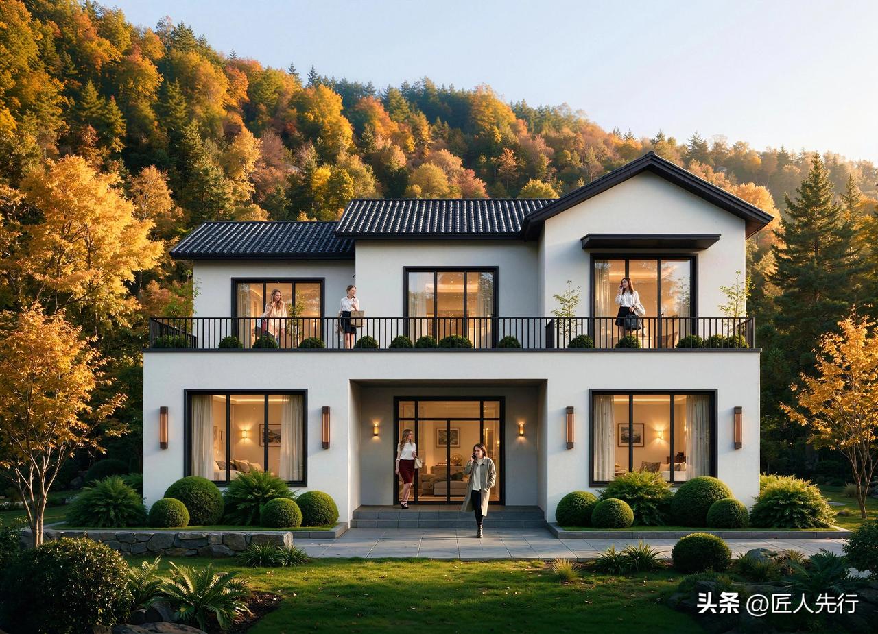 这款乡村别墅是简约新中式风格，白墙搭配深色坡屋顶，配色干净耐看。大面积玻璃窗采光