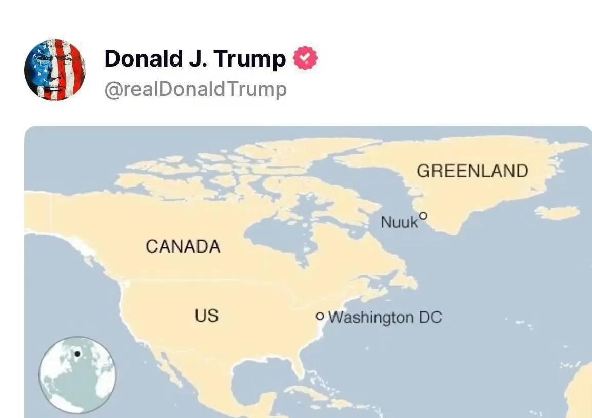 今晚，唐纳德·特朗普再发新版美国地图：吞并了加拿大和格陵兰岛。