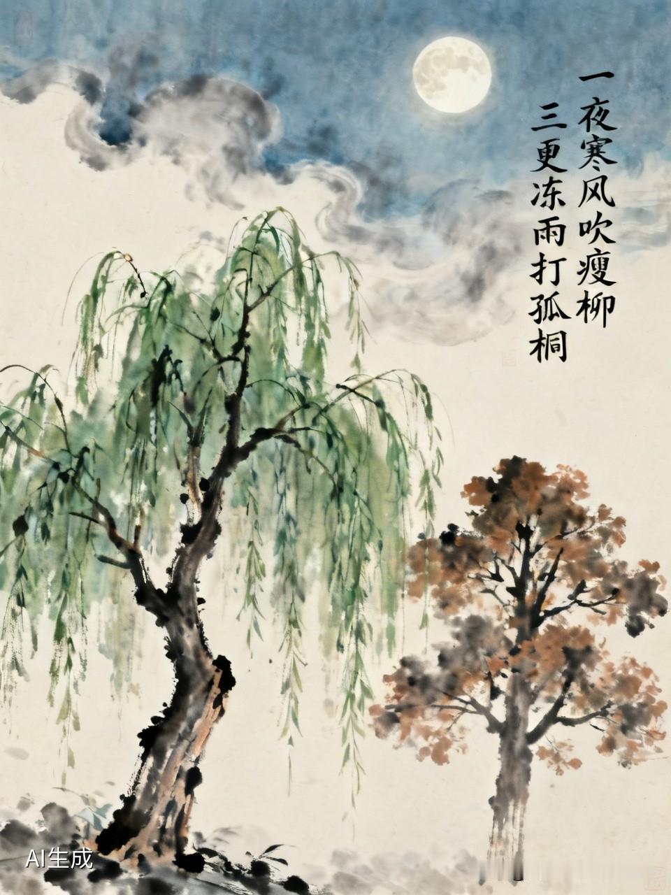 上联：一夜寒风吹瘦柳；对下联下联，三更冻雨打孤桐。[微风]