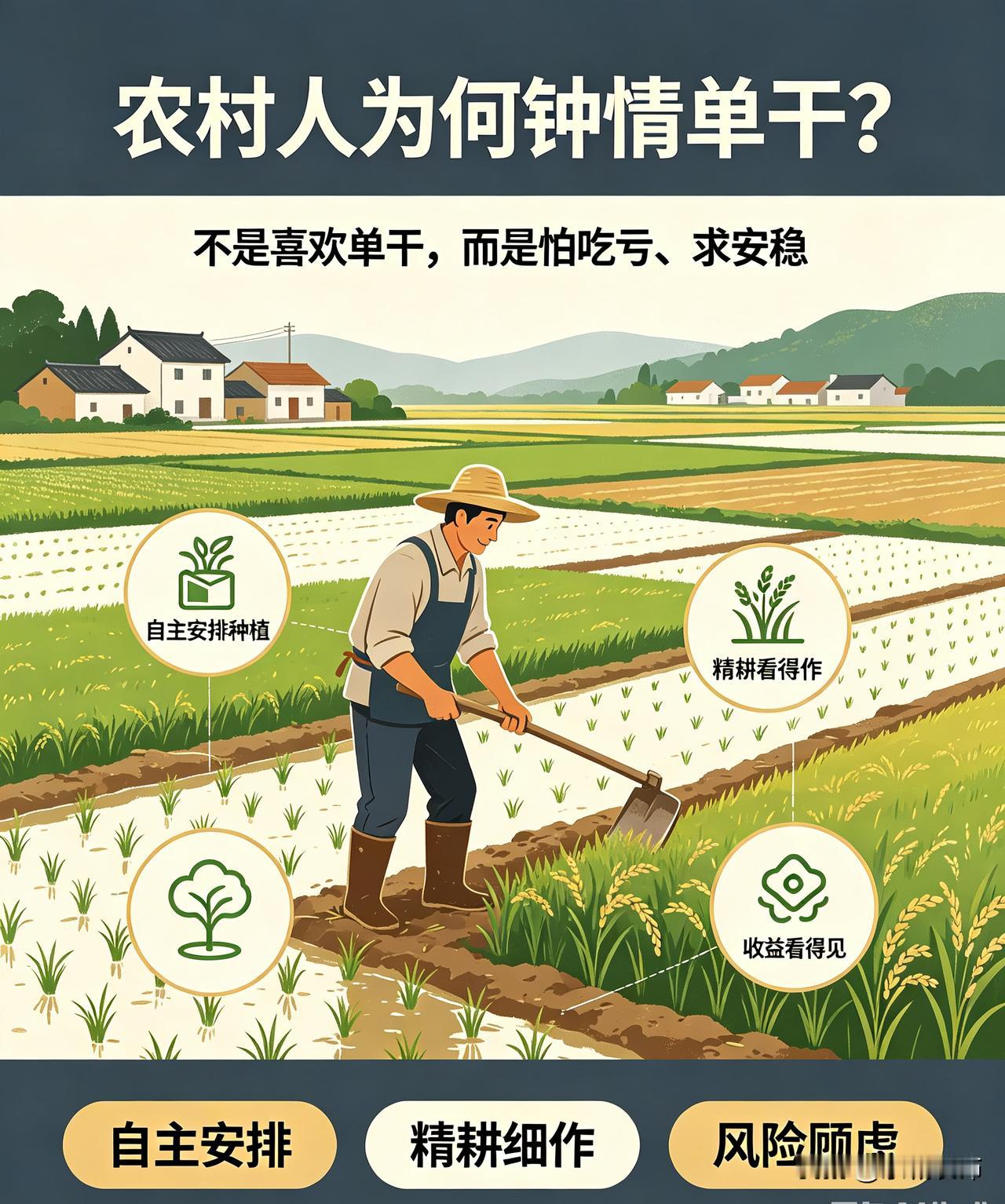 农村人为何钟情单干?
从来不是农民天生钟情单干，更多是现实选择。
 
单干之下土