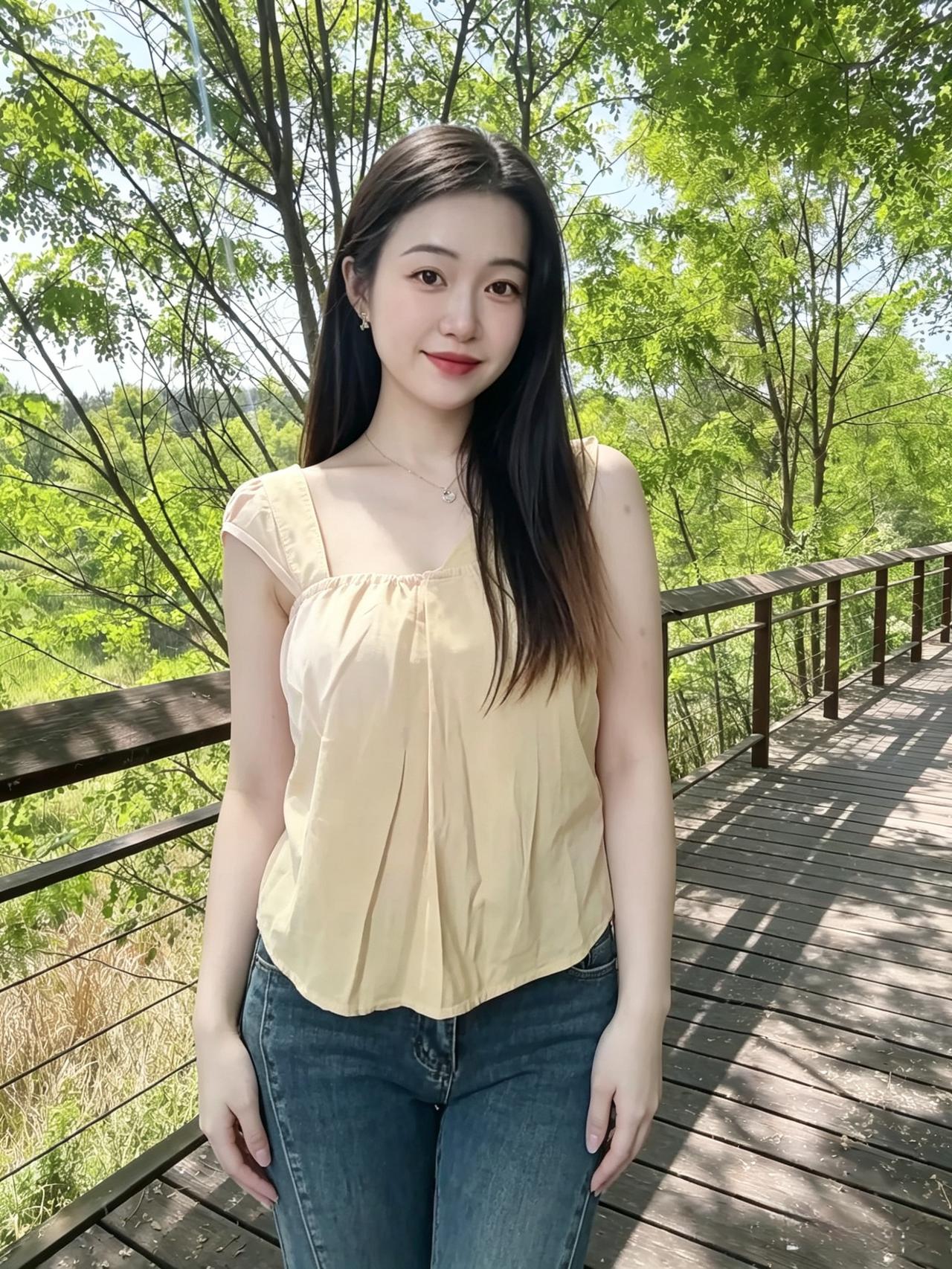 翠木阴浓映浅黄，轻衫素影立回廊。
嫣然一笑春风软，不借胭脂自淡妆。
