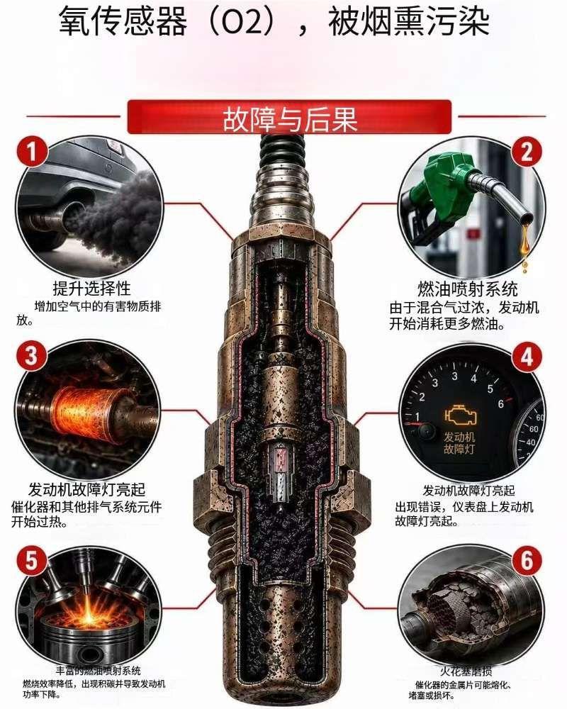 积碳污染的氧传感器（O₂）会带来哪些问题？分享几个常见故障表现和后果👇

1️