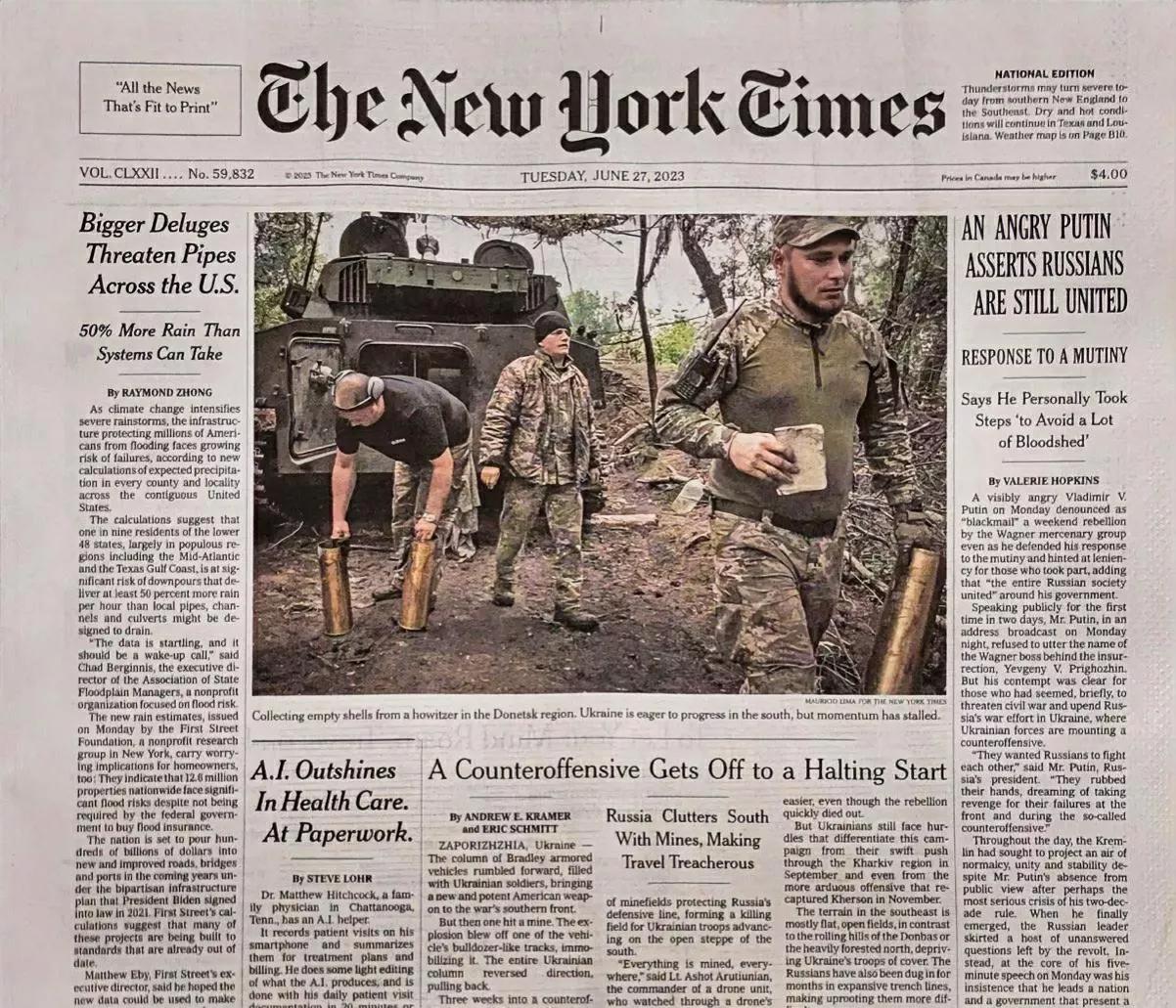 好消息，今天的《纽约时报》社论，承认乌克兰的进攻已经失去动力。对俄罗斯人来说这是