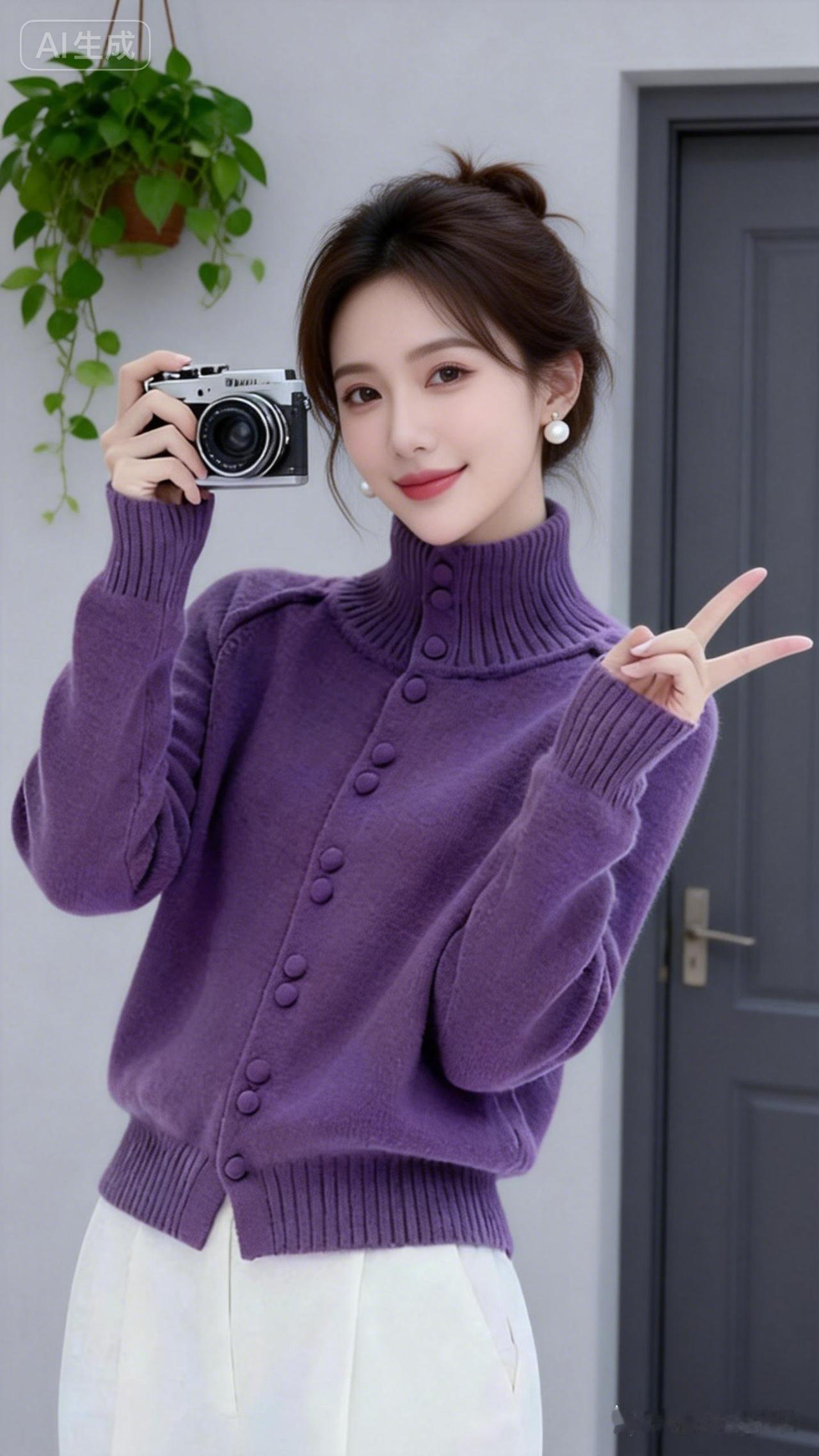 一个女孩拿着相机比V字笑。