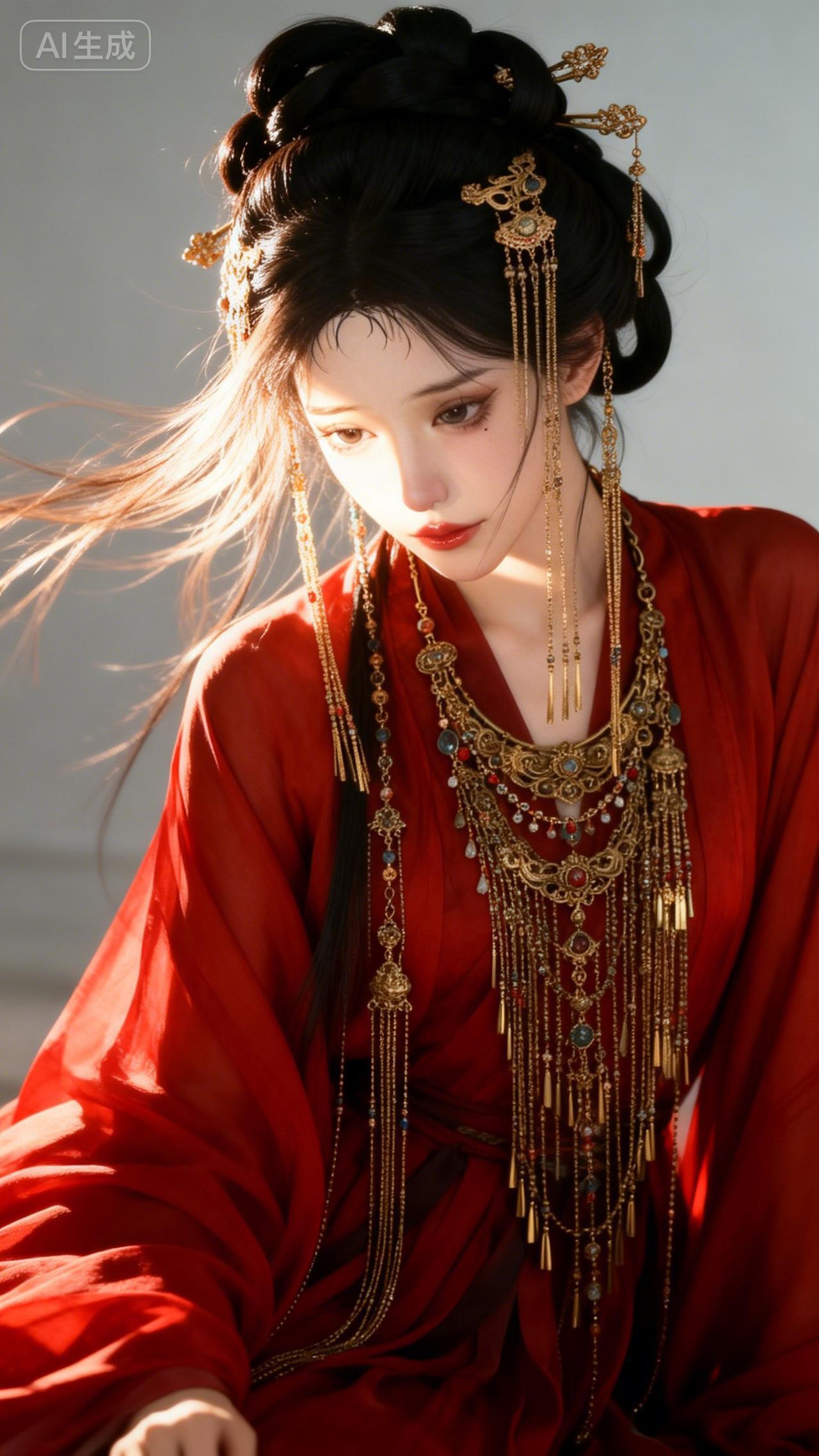 一袭红衣似火，一身金饰如霞，小淘这组古风美人图，直接把中式贵气与破碎感焊在了一起