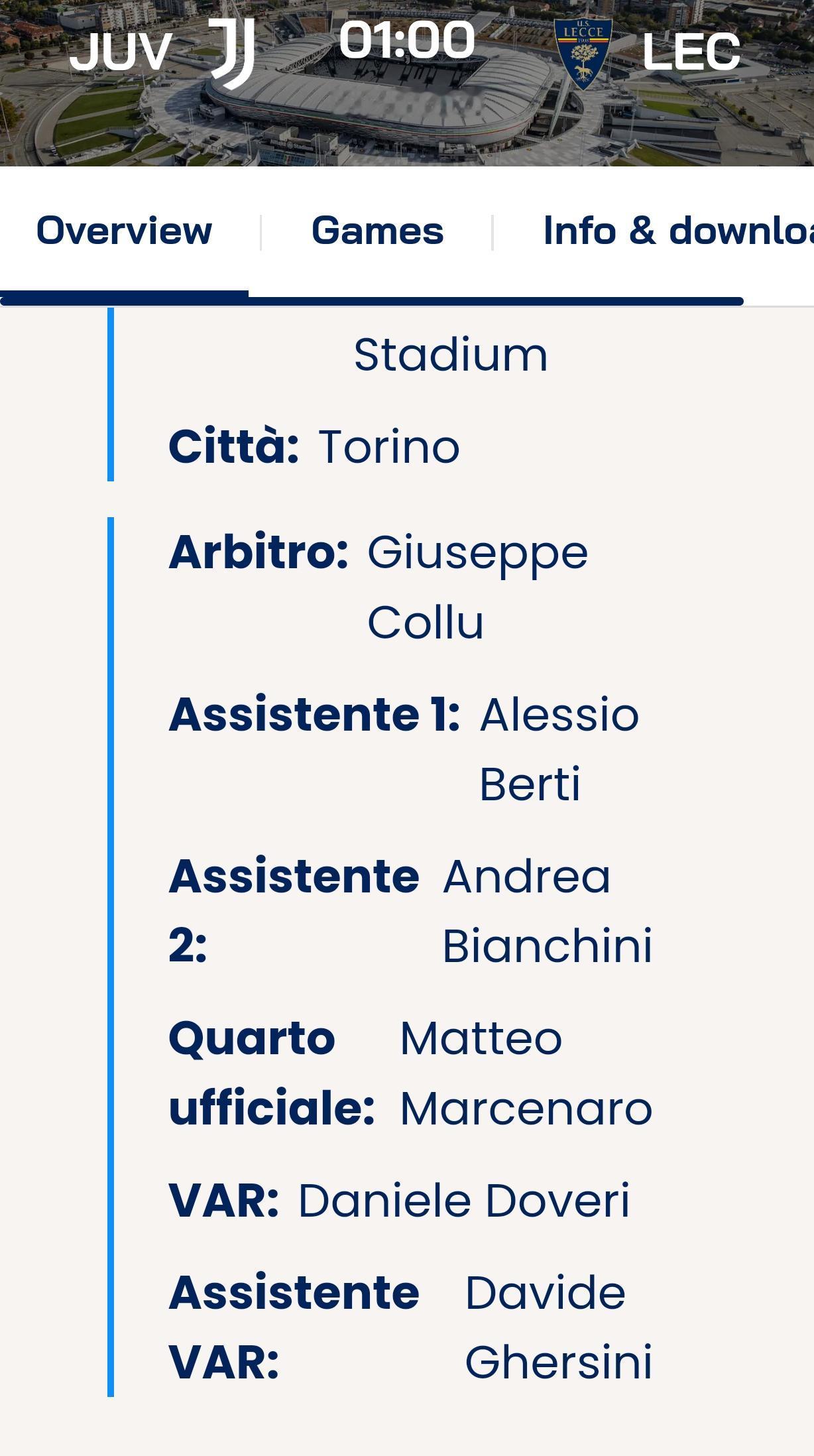 意甲第18轮周日1点尤文图斯主场迎战莱切。
主裁判:朱塞佩·科卢
var裁判:多