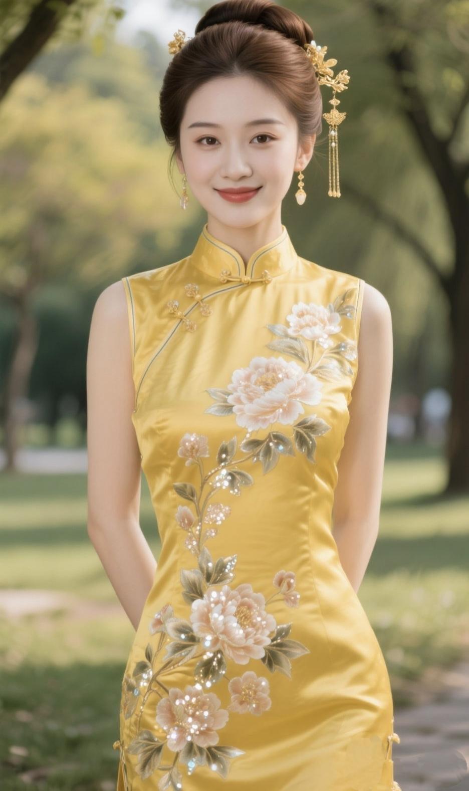 《东方风骨，旗袍倾城》
 
一剪云鬓挽起千年月光
一袭绫罗裹住山河端庄
盘扣轻系